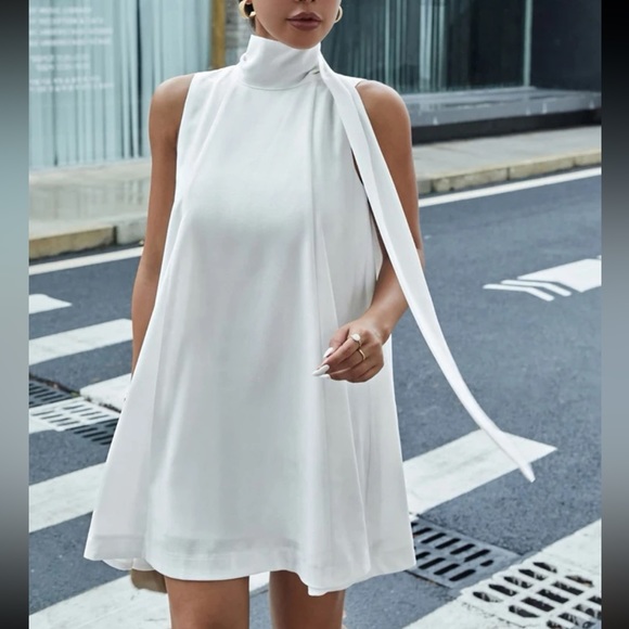 Boho White High Neck Tie Tank Top Dress - Picture 2 of 6